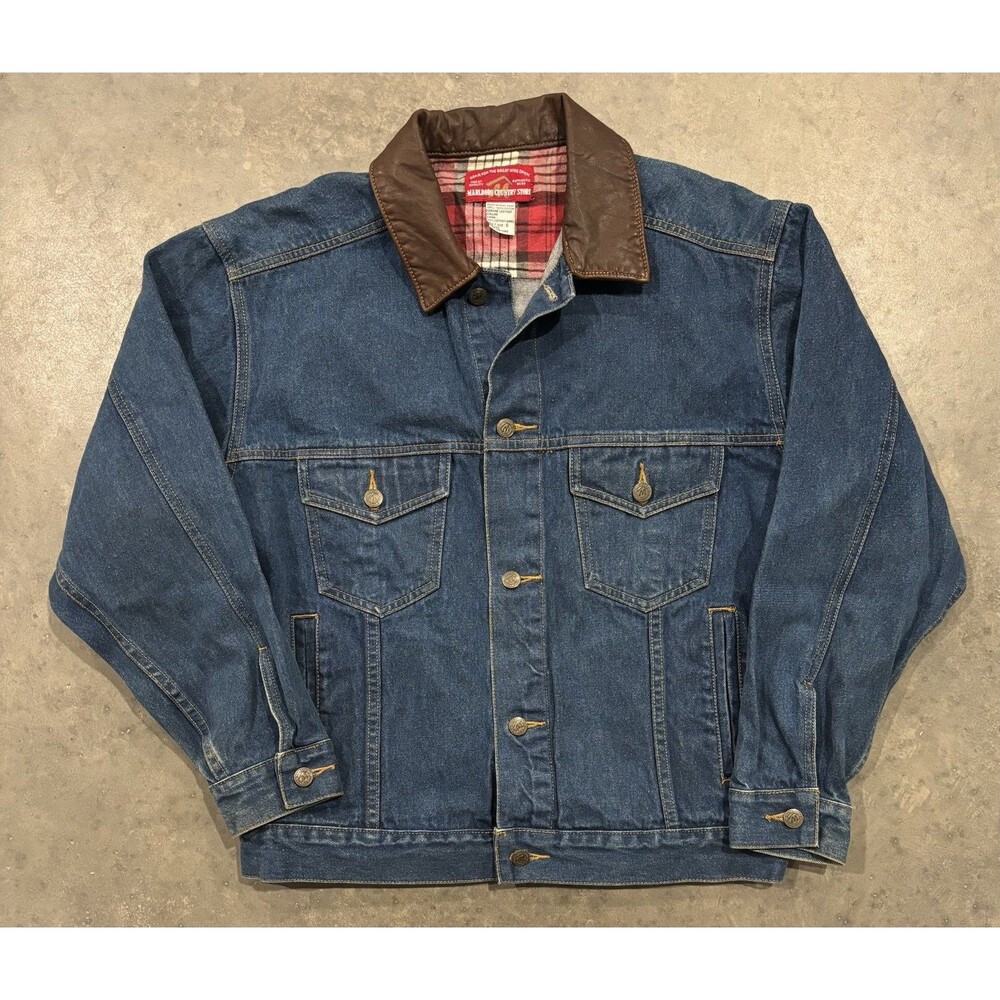 Marlboro Mens S Vintage Denim Jacket Button Up 100% Cotton Leather Collar